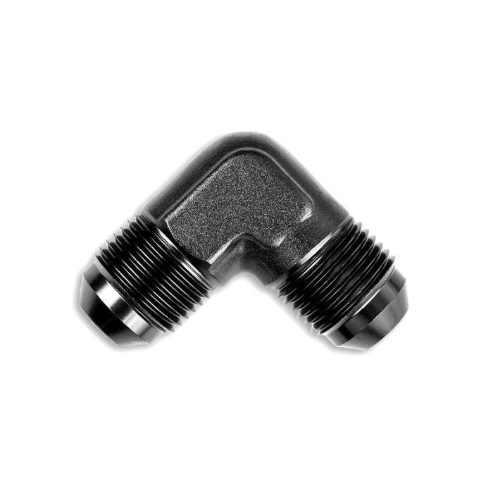 Adaptador AN8 de 90°, acoplamiento macho-macho para manguera, color negro.
