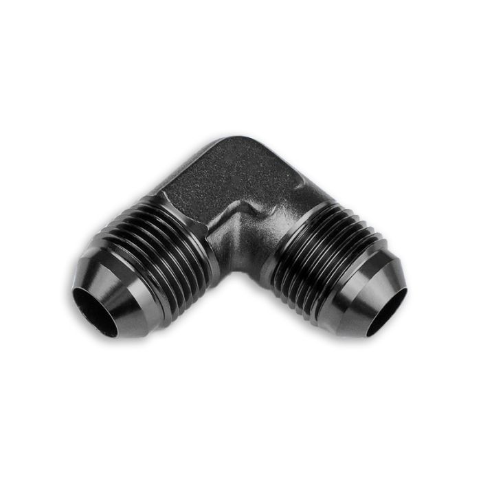 AN8 90° adapter, male-to-male hose fitting, black.