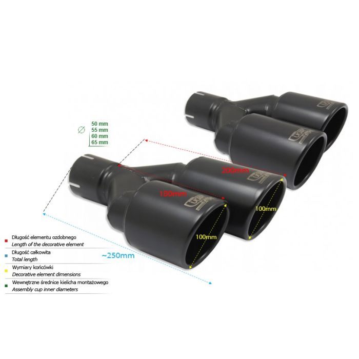 100mm long round universal exhaust muffler tip, 200/180mm mounting diameter, 65mm.