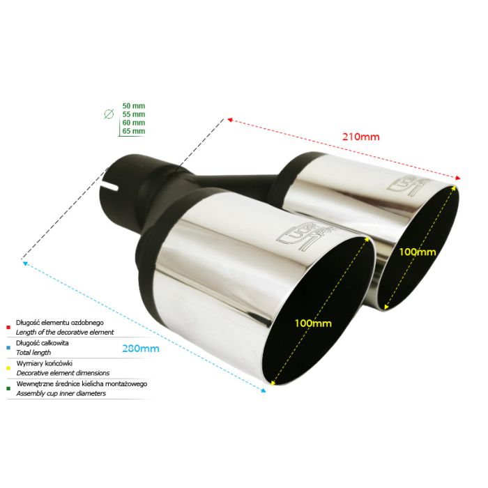 Universal round exhaust tip, 100 mm length, 55 mm mounting diameter.