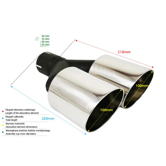 100mm long universal round exhaust tailpipe muffler tip, 200mm mounting diameter, 60mm.
