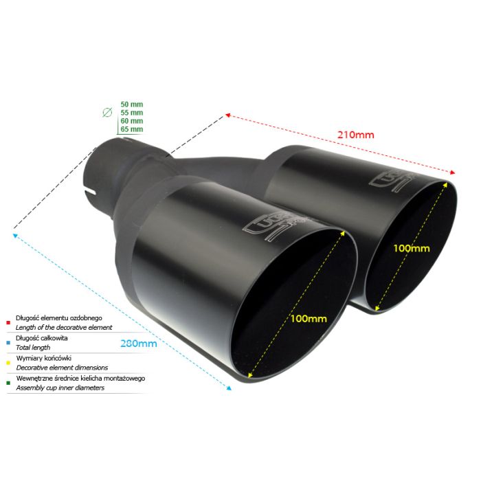 Universal round exhaust tip, 100 mm length and 280 mm diameter, 50 mm mounting diameter.