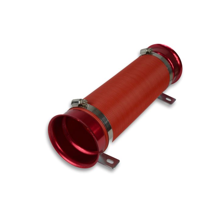 Flexible corrugated intake pipe with clamps, red.