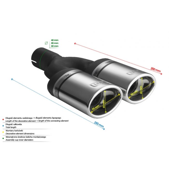 95 x 65mm Oval Universal Exhaust Muffler Tip with 160mm Length and 45mm Mounting Diameter.