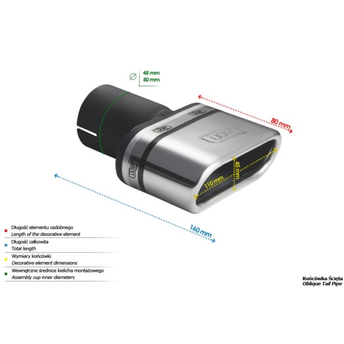 Universal exhaust tail pipe tip oval 110x45mm length 80mm mounting diameter.