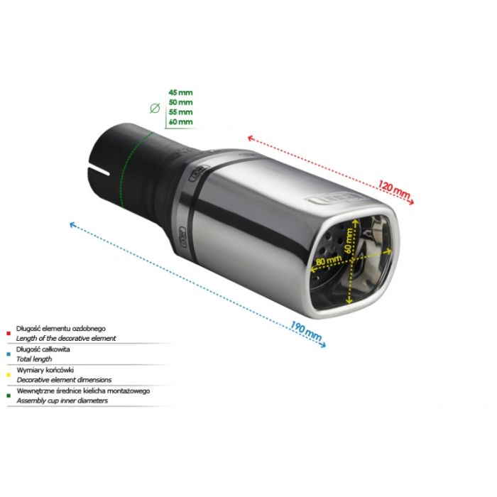 Universal rectangular exhaust tip, 80 × 65 mm, 120 mm long, 45 mm mounting diameter.