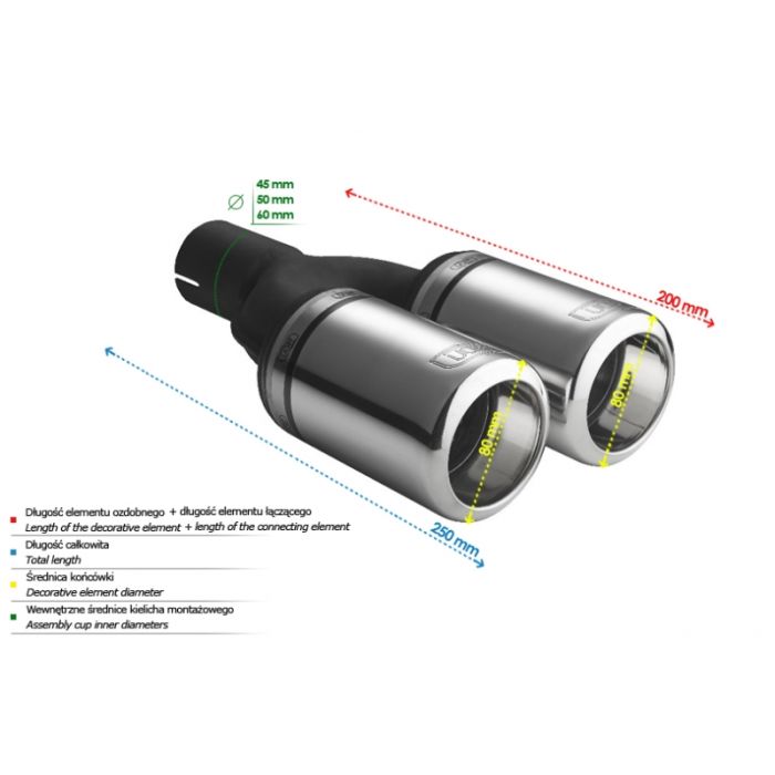 80mm Long 160mm Round 60mm Inlet Universal Exhaust Tip.