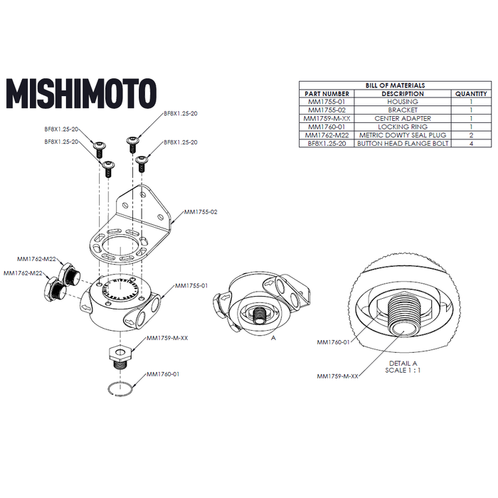 Cabezal de filtro de aceite remoto Mishimoto MMOC-RFH-M20BK con rosca M20x1.5, color negro.