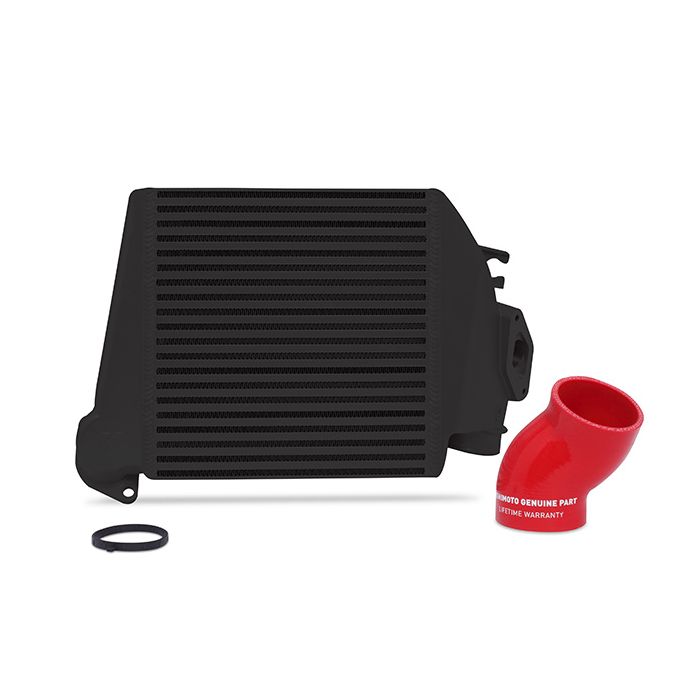 Mishimoto MMTMIC-WRX-08BKRD Top-Mount Intercooler Kit for 08-14 Subaru WRX, black with red hose.