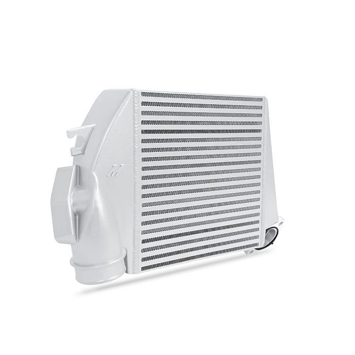 Mishimoto MMTMIC-WRX-08SLBL Top-Mount Intercooler Kit for 08-14 Subaru WRX, silver with blue hose.