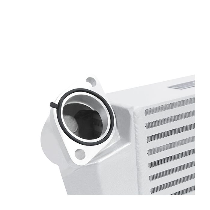 Mishimoto MMTMIC-WRX-08SLBL Top-Mount Intercooler Kit for 08-14 Subaru WRX, silver with blue hose.