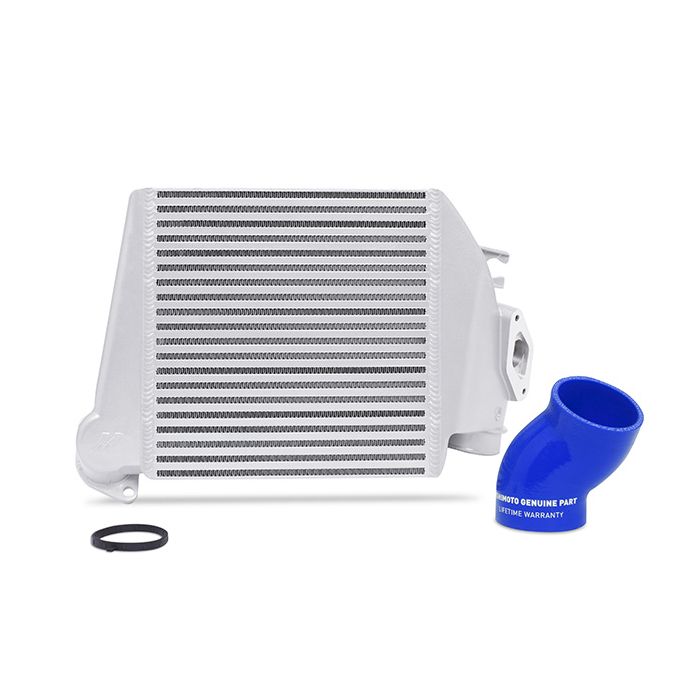 Mishimoto MMTMIC-WRX-08SLBL Top-Mount Intercooler Kit for 08-14 Subaru WRX, silver with blue hose.