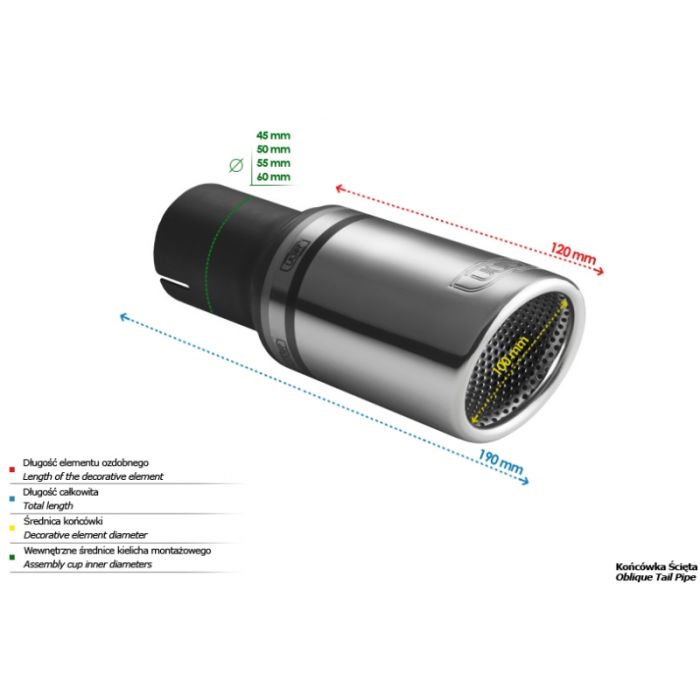 100mm long 120mm round universal exhaust tip 45mm mounting diameter.