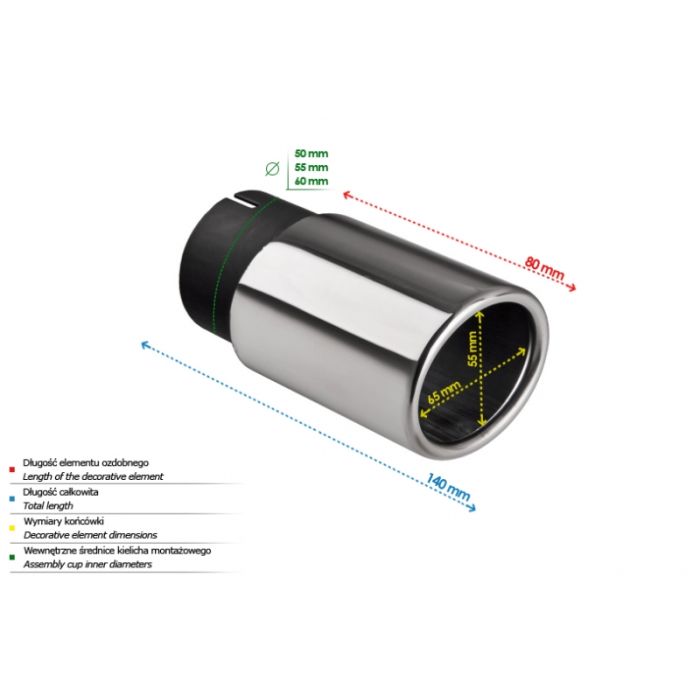 65 x 55 mm oval exhaust tip, 80 mm mounting diameter, long.