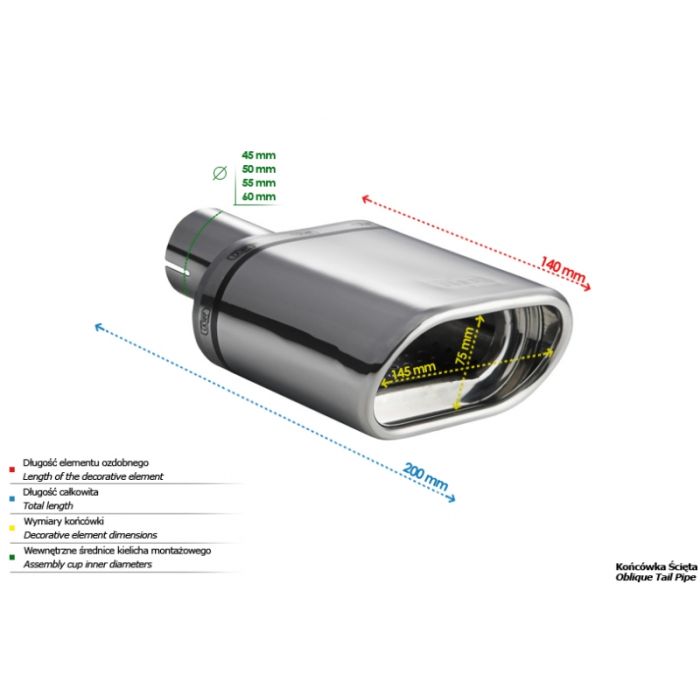 145 × 75 mm Oval Universal Exhaust Muffler Tip 140 mm Long with 55 mm Mounting Diameter.