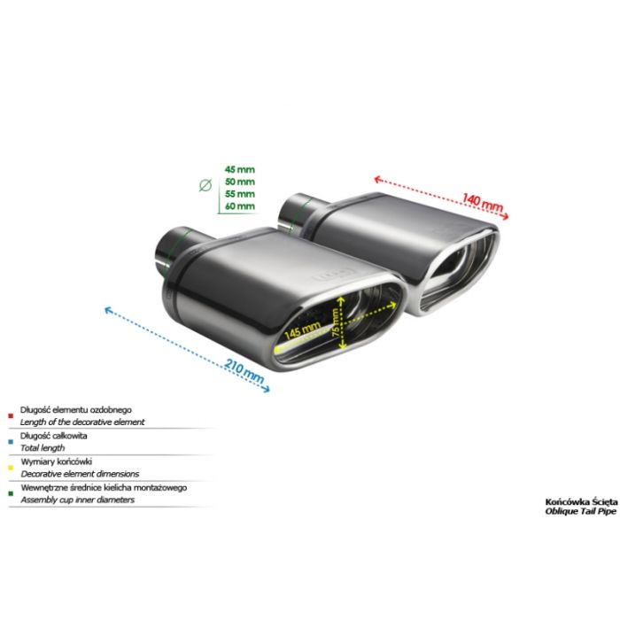 145x75mm Oval Universal Exhaust Muffler Tip with 140mm Mounting Diameter.