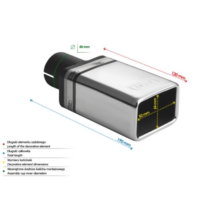 82x54mm Rectangular Universal Exhaust Tip, 120mm Mounting Diameter.