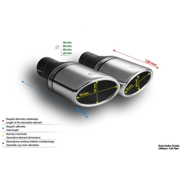Universal 95 x 65mm Oval Exhaust Tip, 120mm Long with 60mm Mount Diameter.