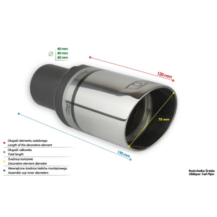 70mm length, 120mm mounting diameter, 50mm round universal exhaust tip.