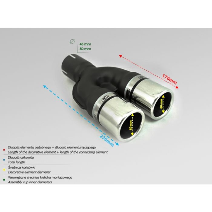 60mm Length 170mm Mounting Diameter 55mm Universal Round Exhaust Pipe Muffler Tip.