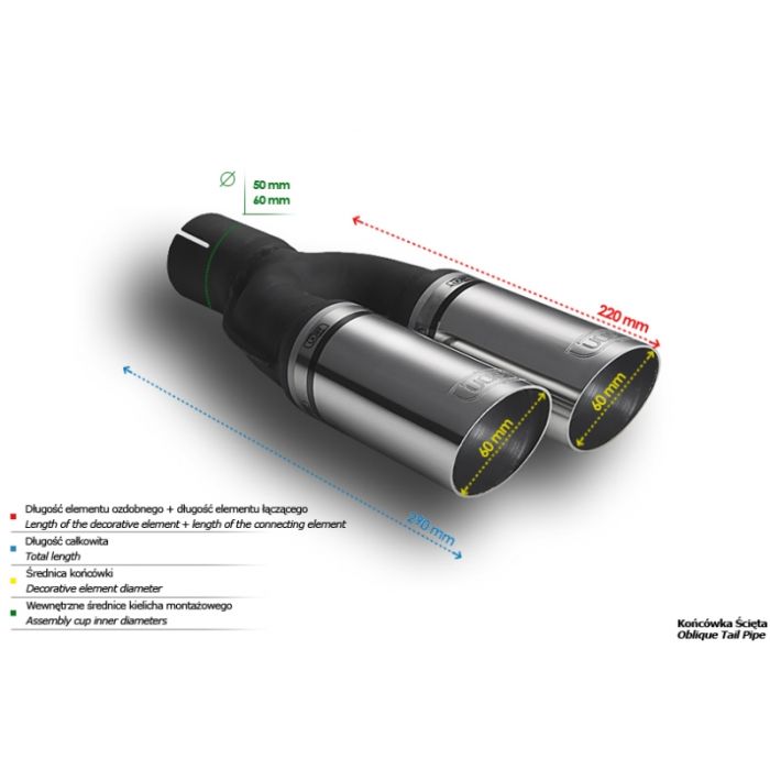Universal round exhaust pipe tip, 60 mm long, 220 mm diameter with 50 mm mounting.