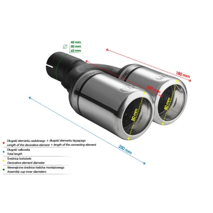 80mm length, 200/180mm mounting diameter, 60mm round universal exhaust pipe tip.