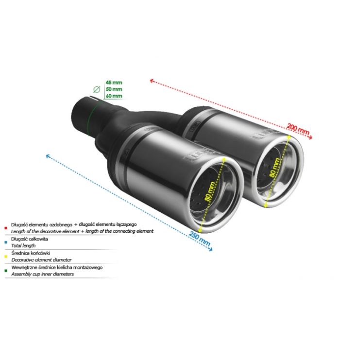 Universal Round Exhaust Tailpipe Tip 80mm Long, 160mm Diameter, 45mm Mounting.