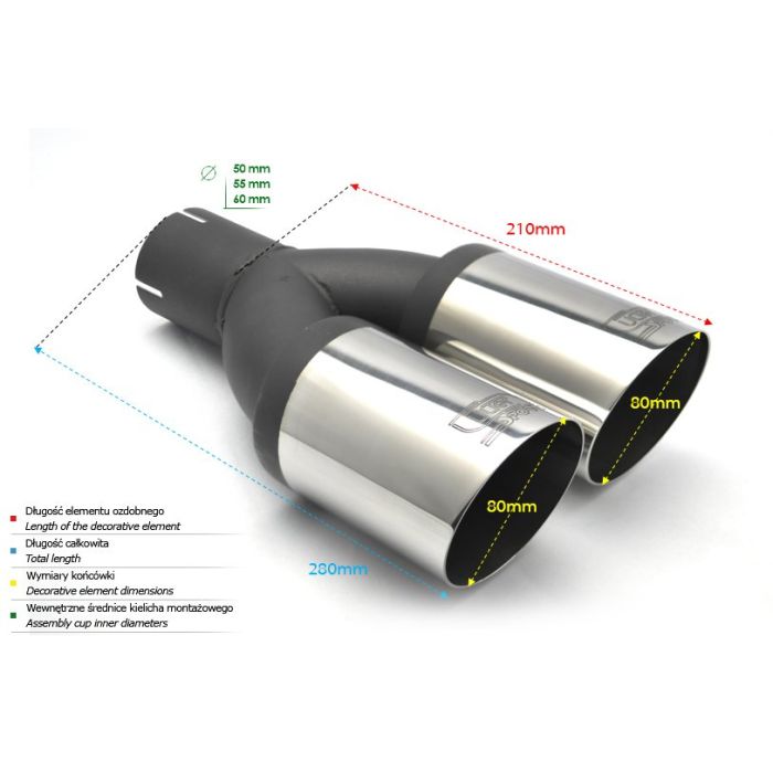 80mm length, round, universal exhaust tip with 65mm inlet and 210mm outlet.