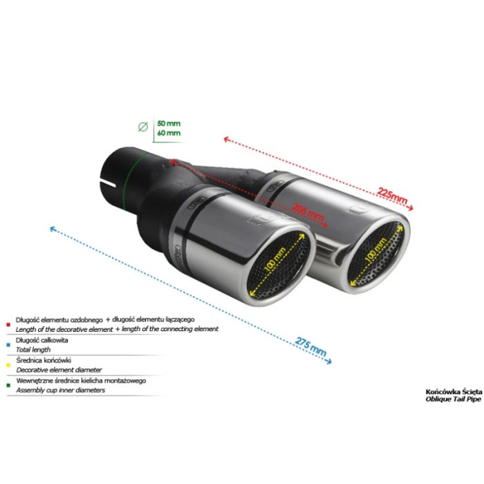 100mm Length, 200/180mm Mounting Diameter, 50mm Round Universal Exhaust Tip.