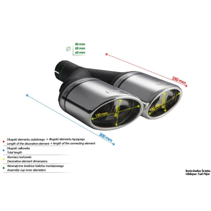 Universal Oval Exhaust Tip 120 x 80 mm, 250 mm long, with mounting diameter.