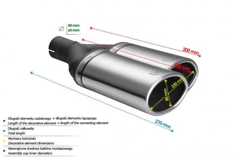 Embellecedor de escape universal oval 220×80 mm longitud 220 mm diámetro de montaje 50 mm