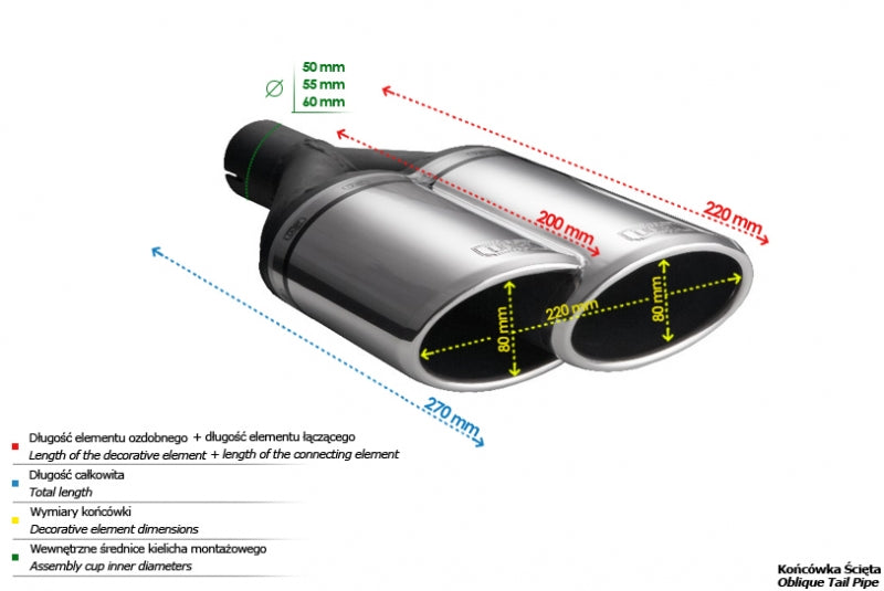 Embellecedor de escape universal oval 220×80 mm longitud 220 mm diámetro de montaje 50 mm