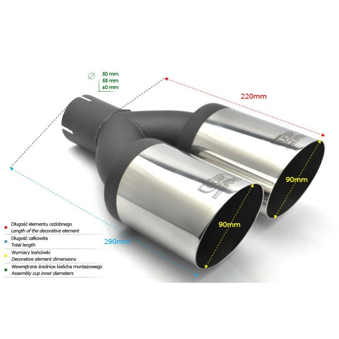 Universal round exhaust tip, 90 mm length, 220 mm diameter, 50 mm mounting.