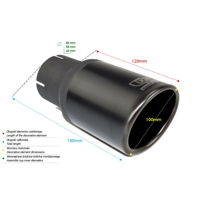 Universal round exhaust pipe tip 100mm length, 120mm mounting diameter, 50mm.