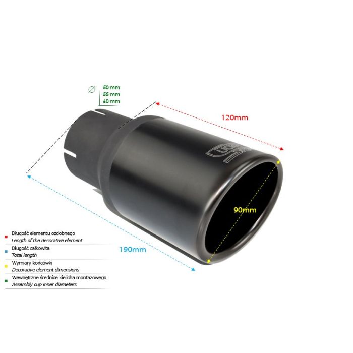 90mm length 120mm diameter 65mm mount universal round exhaust muffler tip.