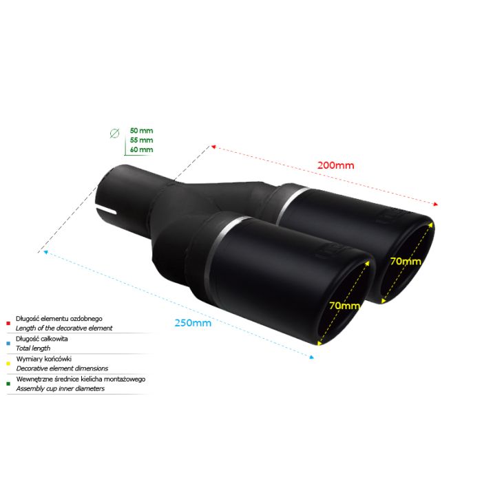 70mm Length 200mm Round Universal Exhaust Pipe Muffler Tip, 60mm Mount Diameter.