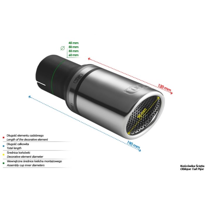 90mm Length, 190mm Mounting Diameter, 45mm Universal Round Exhaust Muffler Tip.