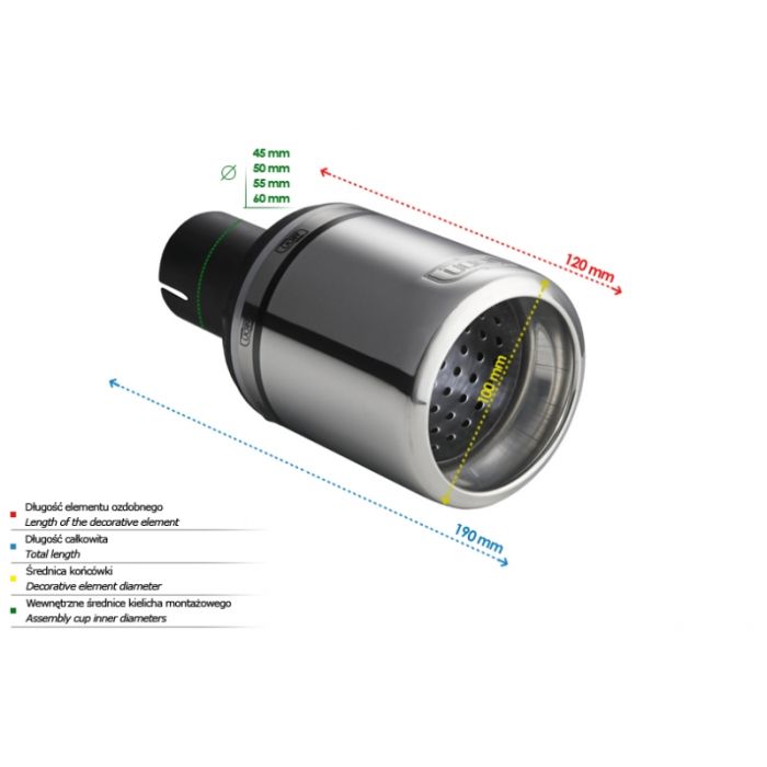 100mm long, 120mm round, 55mm inlet universal exhaust tip.