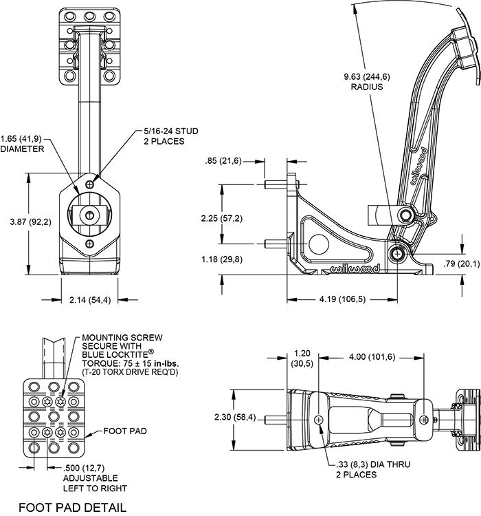 Wilwood 340-13833 Conjunto de pedal de freno o embrague tipo montaje en suelo aluminio
