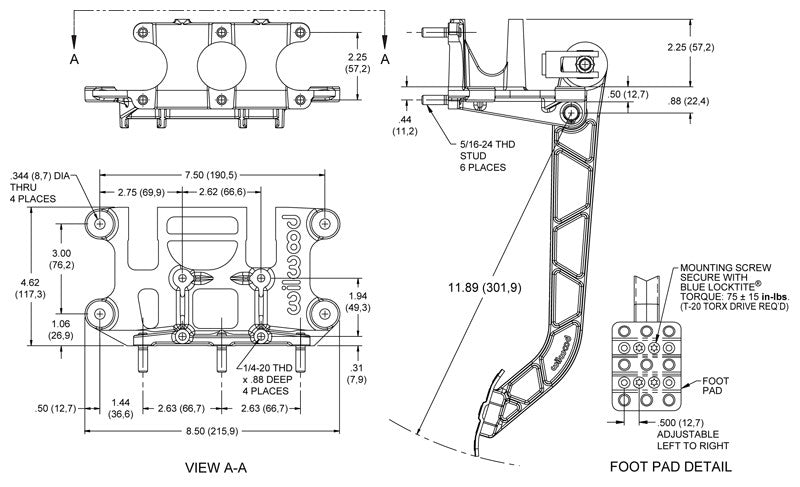 Wilwood 340-11299 Conjunto de pedalera de montaje invertido con triple bomba