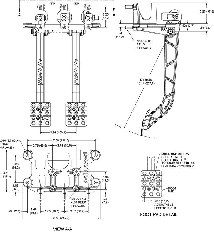 Wilwood 340-13835 Pedal de freno y embrague de montaje oscilante invertido
