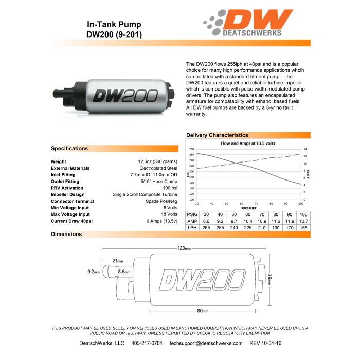 DeatschWerks DW200 255 LPH Fuel Pump for 2009-12 Genesis Coupe (2.0T & 3.8V6), 2009-14 Genesis (3.8V6, 4.6 & 5.0) & 10-15 Kia Forte.