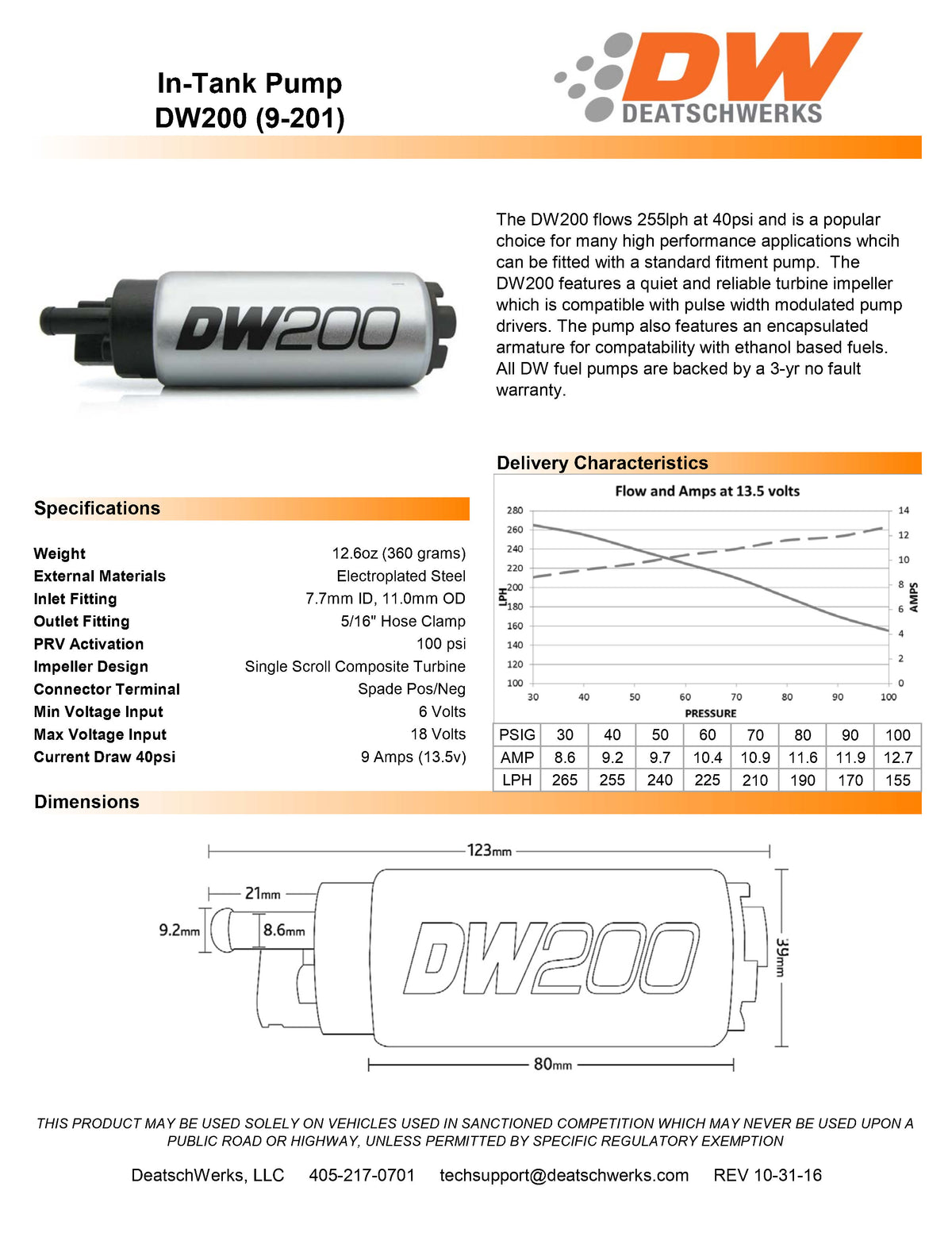Bomba de combustible DeatschWerks DW200 255 lph para Mazda Miata 89-93