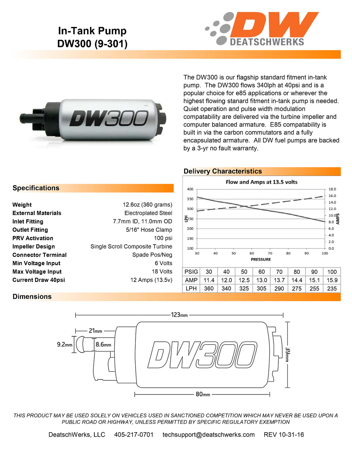 Bomba de combustible DeatschWerks DW300 340 lph para Mazda Miata 89-93