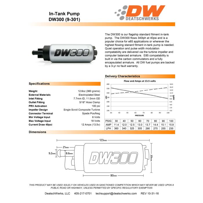 DeatschWerks DW300 340 LPH fuel pump for 95-98 Mitsubishi Eclipse (turbo AWD) and 03-06 EVO 8/9.