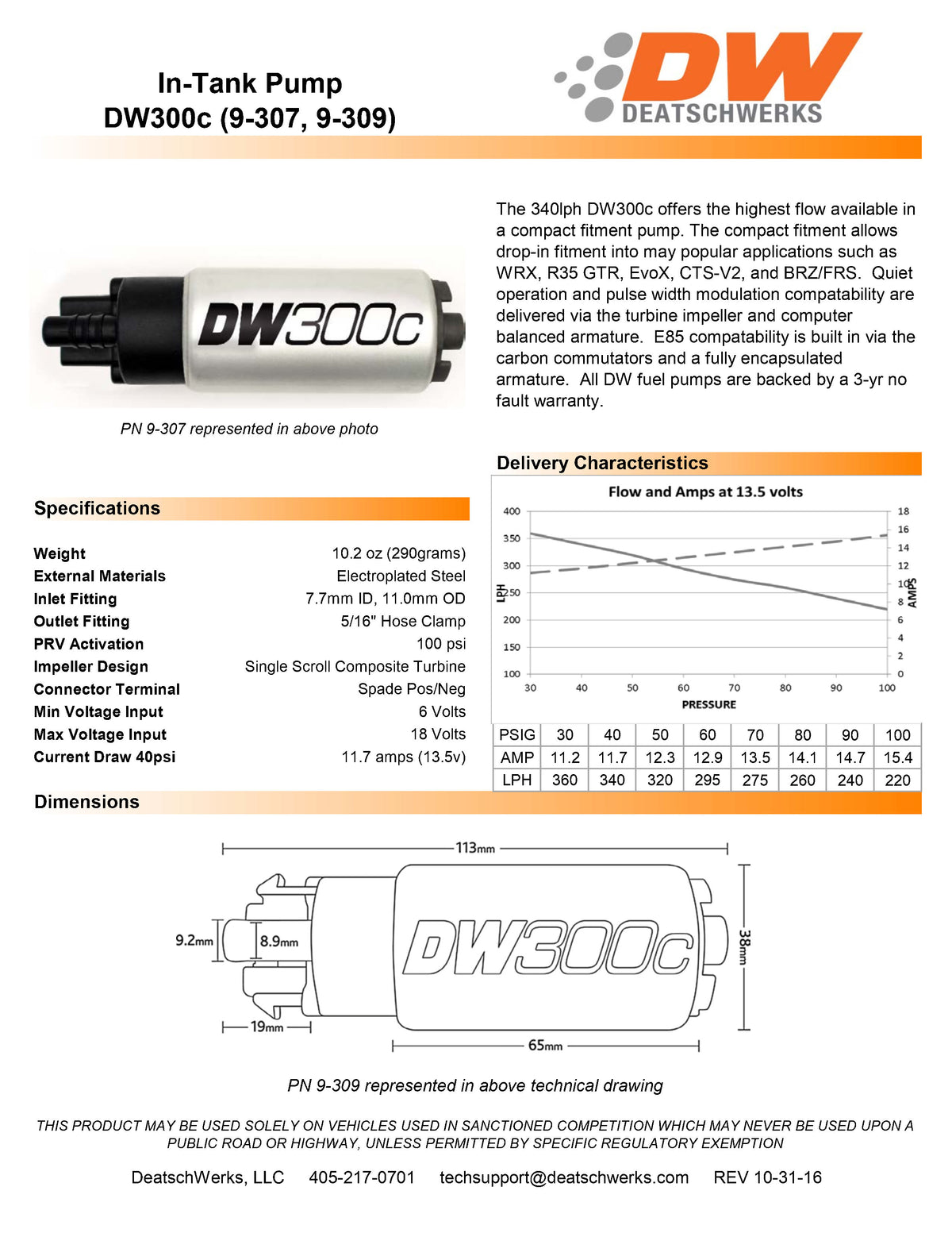 Bomba de combustible DeatschWerks DW300C 340 lph para Mazda RSX 02-06 Civic 01-05 MX5 2006-2015