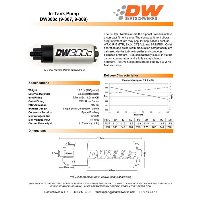 Bomba de combustible DeatschWerks DW300C de 340 l/h para Ford Focus MK2 RS