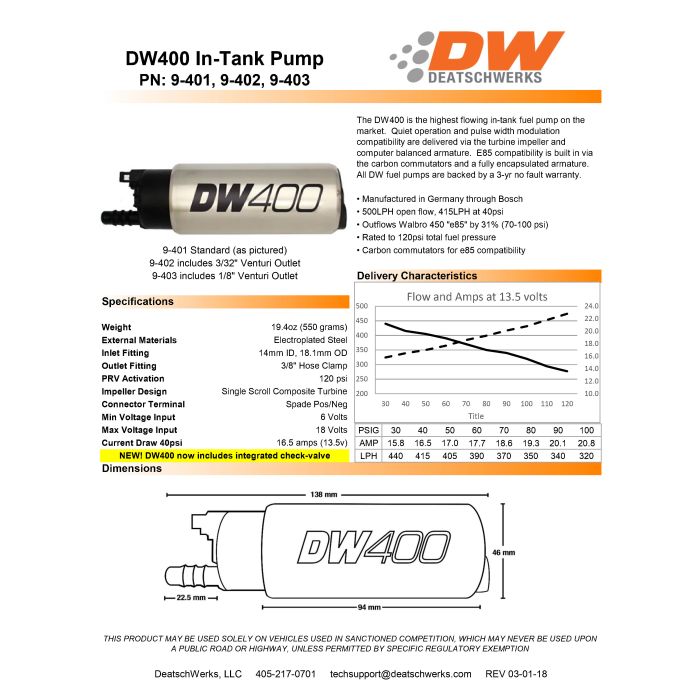 Bomba de combustible DeatschWerks de 415 l/h para Nissan S13/S14/S15 98-11 Patrol 97-07 Subaru Forester 93-04 WRX/STI 90-00 Legacy GT 94-05 Mazda Miata/MX-5 90-99 FWD DSM