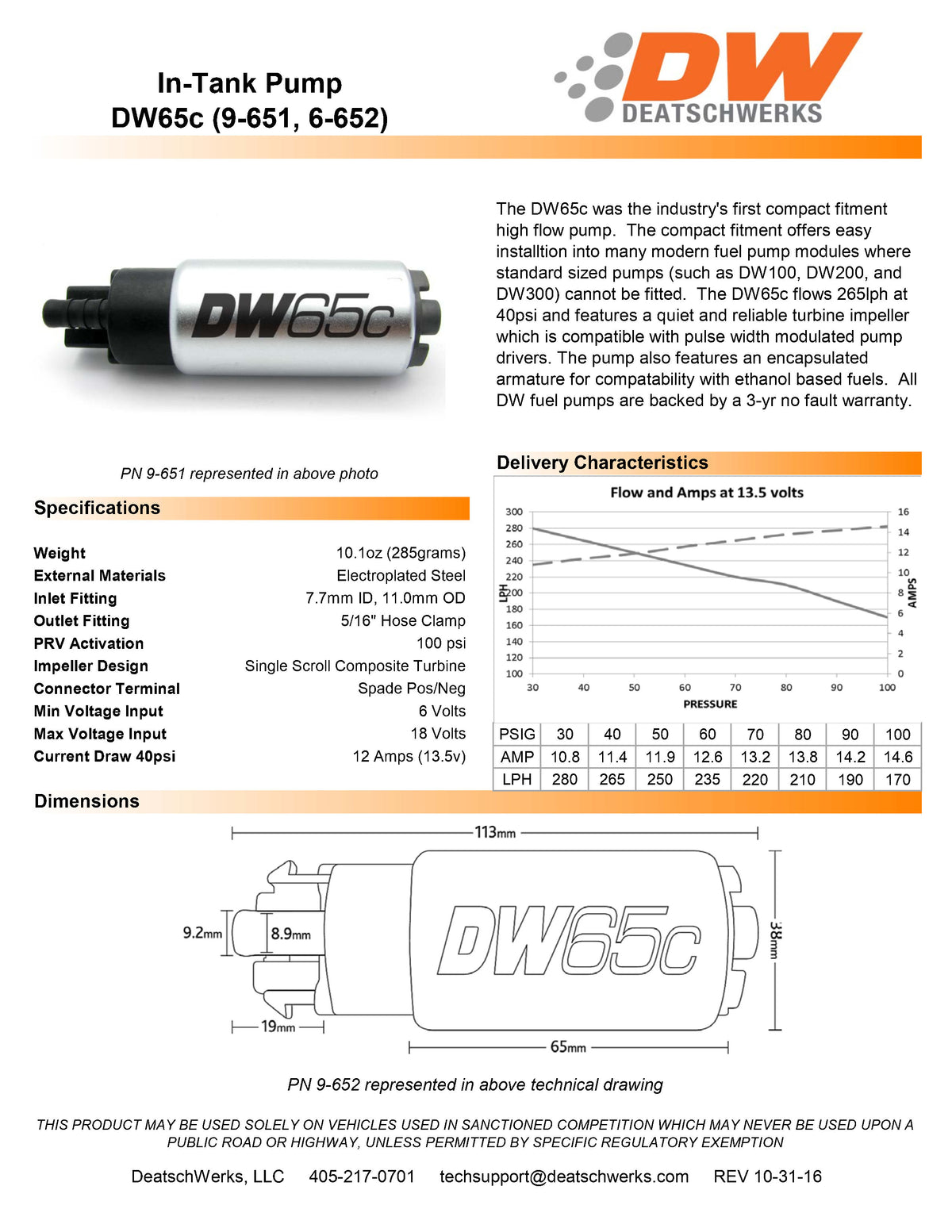 Bomba de combustible DeatschWerks DW65C 265 lph para EVO X 08-15 Mazdaspeed3 07-13 Mazdaspeed6 06-07 Honda Civic 12-16 Honda Accord 13-17 Tundra 4.0L V6 07-14 4.L V8 07-10 4.6L V8 08-17 5.7L V8 07-17 Wrangler 2007-17