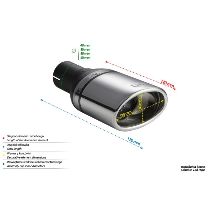 120x80mm Oval Exhaust Tip Universal 45mm Mount Diameter Length.